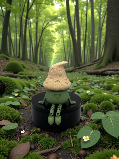 3D Druck Kantenhocker Pilz mit beweglichen Beinen und Herz-Detail in Olivegrün – Regal-Deko von fks-design
