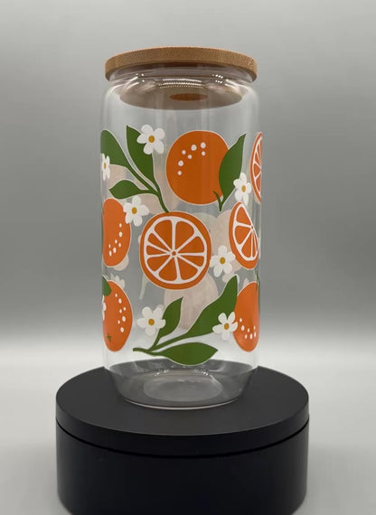 Trinkglas "Orangen" – 550ml mit Bambusdeckel & Trinkhalm UV-DTF