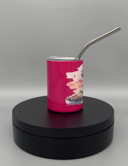 Mini Edelstahl Trinkbecher „Leuchtturm 1“ mit Deckel & Trinkhalm – 80 ml
