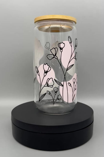 Trinkglas "Linienblumen" – 550ml mit Bambusdeckel & Trinkhalm UV-DTF