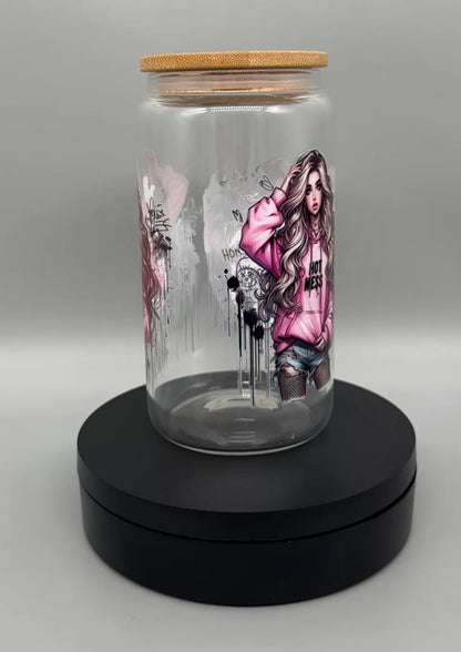 Trinkglas "Hot Girl 1" – 550ml mit Bambusdeckel & Trinkhalm UV-DTF