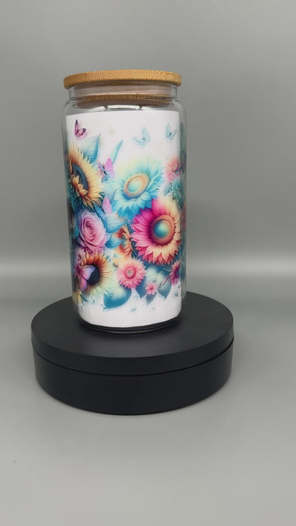Trinkglas "Flower Skull" – 550ml mit Bambusdeckel & Trinkhalm Sublimation