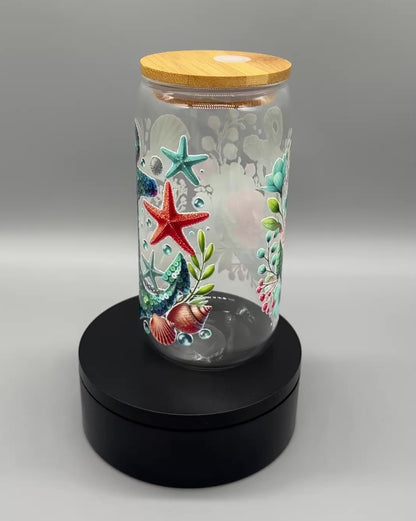 Trinkglas "Pailletten Anker" – 550ml mit Bambusdeckel & Trinkhalm UV-DTF