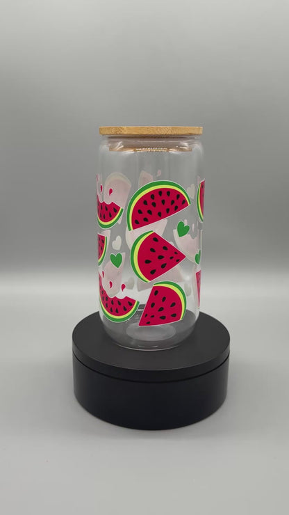 Trinkglas "Wassermelone" – 550ml mit Bambusdeckel & Trinkhalm UV-DTF