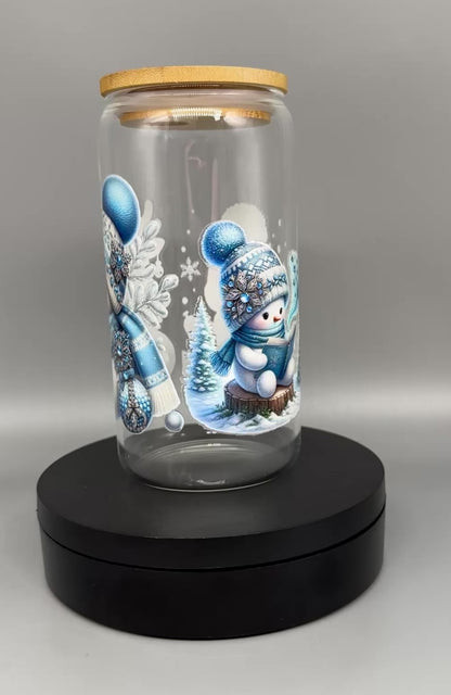 Trinkglas "Schneemann 1" – 550ml mit Bambusdeckel & Trinkhalm UV-DTF