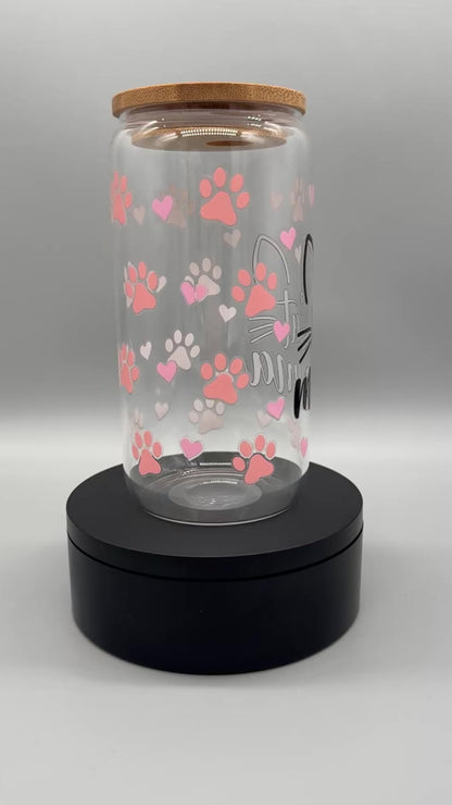 Trinkglas "Cat Mama" – 550ml mit Bambusdeckel & Trinkhalm UV-DTF