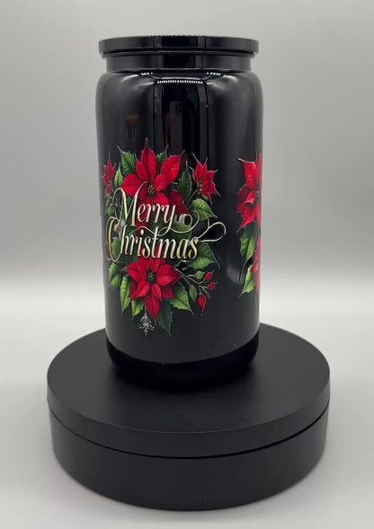 Trinkbecher "Merry Christmas" – 550ml schwarz mit Deckel & Trinkhalm UV-DTF