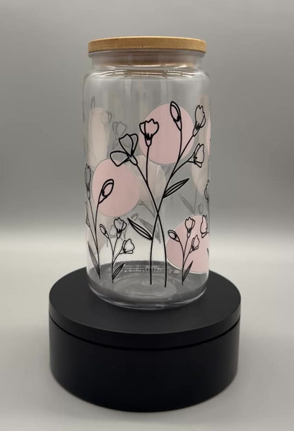 Trinkbecher „Linienblumen“ mit Bambusdeckel & Trinkhalm – 550 ml, UV-DTF Motiv