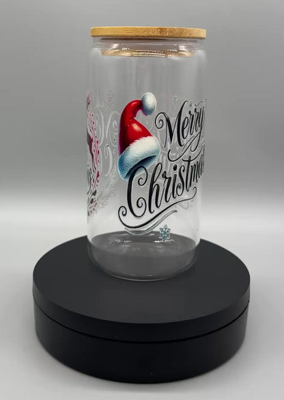 Trinkglas "Merry Christmas" – 550ml mit Bambusdeckel & Trinkhalm UV-DTF