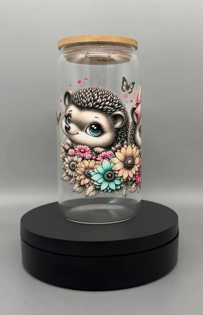 Trinkglas "Igel" – 550ml mit Bambusdeckel & Trinkhalm UV-DTF