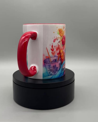 Tasse "Nähmaschine" – Keramik mit rotem Henkel 300ml