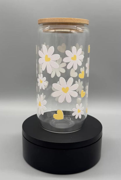 Trinkglas "Herz Blumen" – 550ml mit Bambusdeckel & Trinkhalm UV-DTF